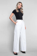 Calça Feminina Sarja Wide Leg com Pence Off-White
