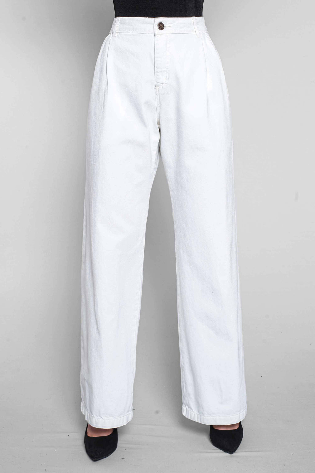 Calça Feminina Sarja Wide Leg com Pence Off-White