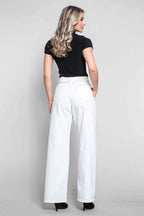 Calça Feminina Sarja Wide Leg com Pence Off-White
