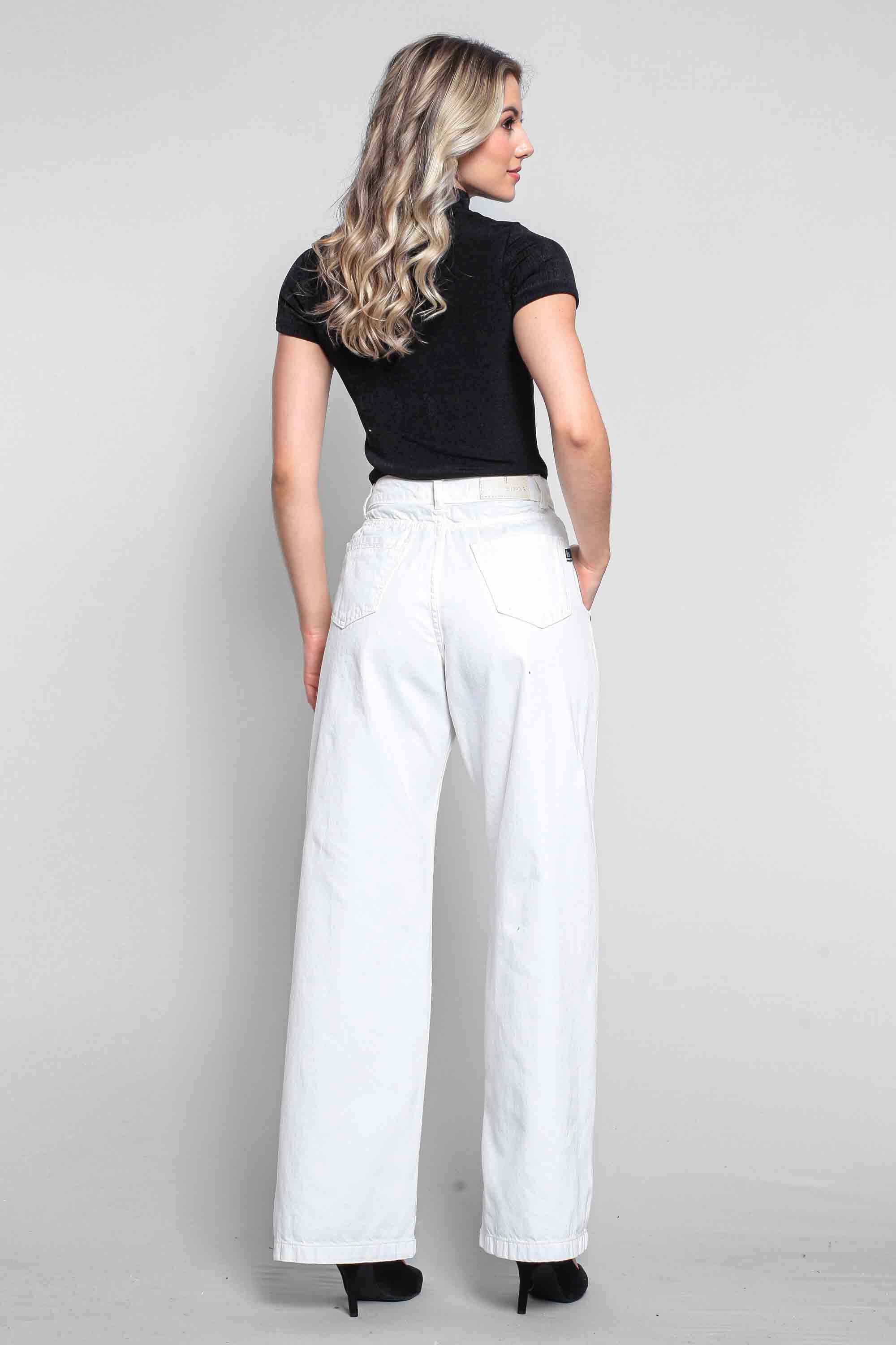 Calça Feminina Sarja Wide Leg com Pence Off-White