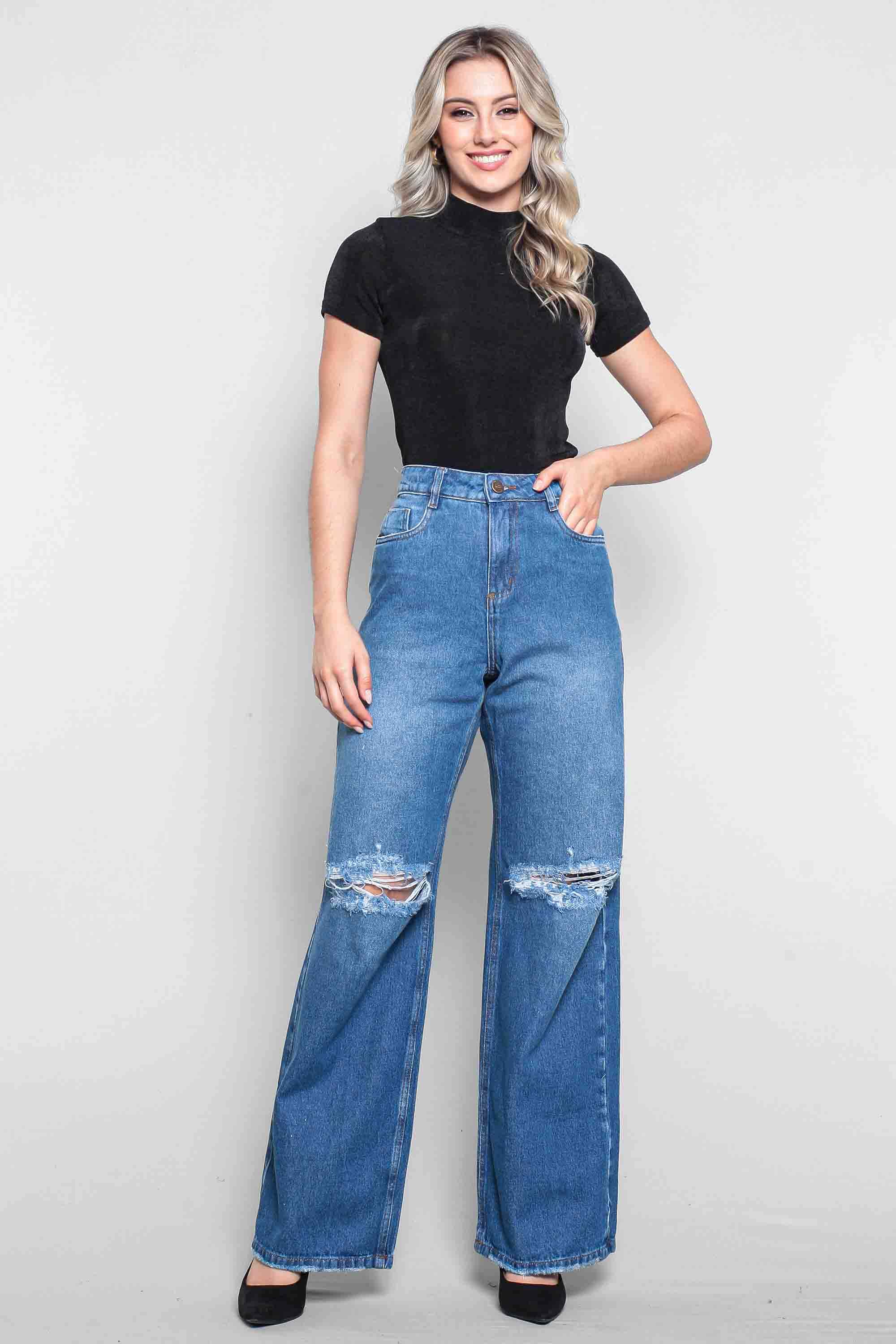Calça Feminina Jeans Wide Leg com Rasgo Joelhos
