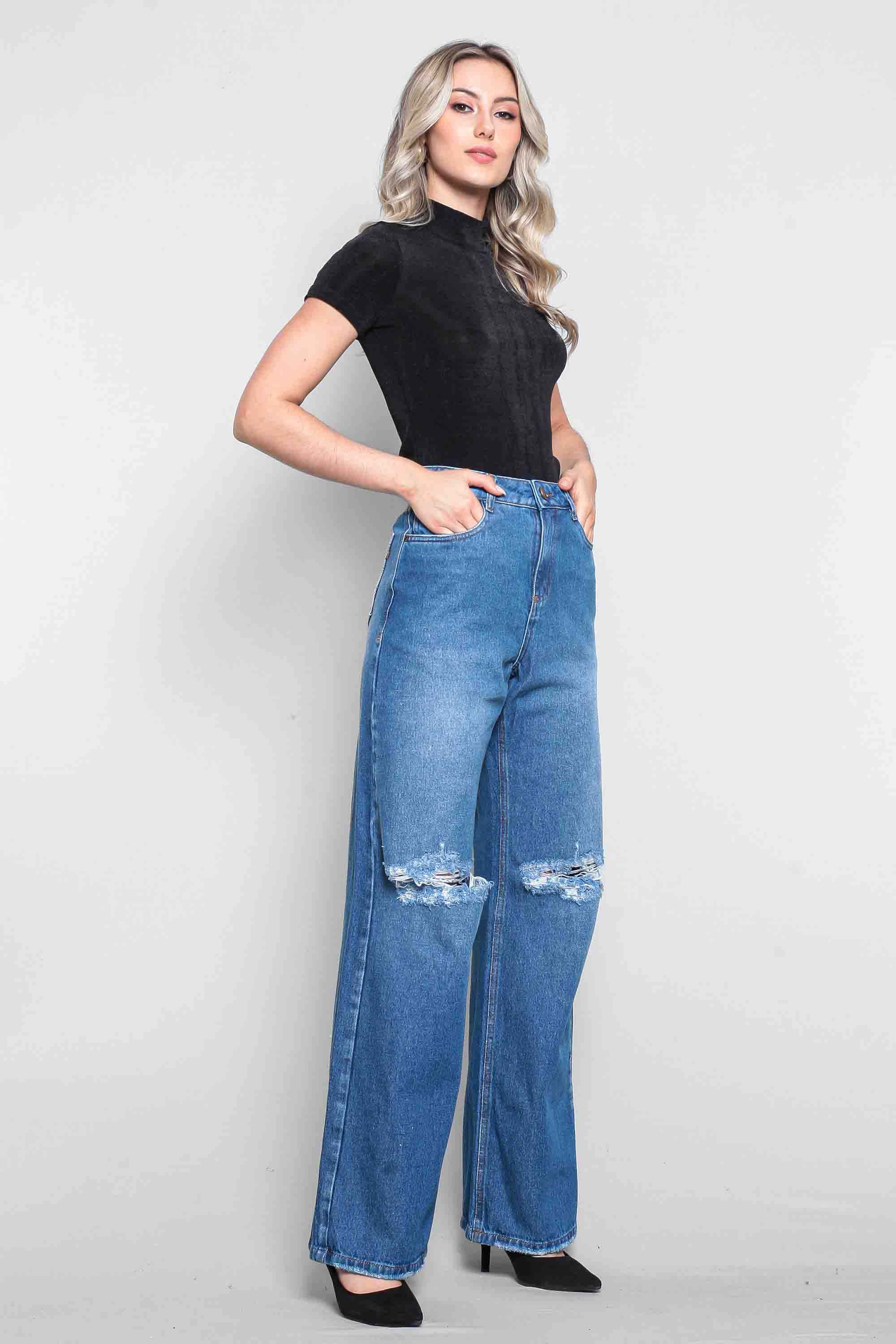 Calça Feminina Jeans Wide Leg com Rasgo Joelhos
