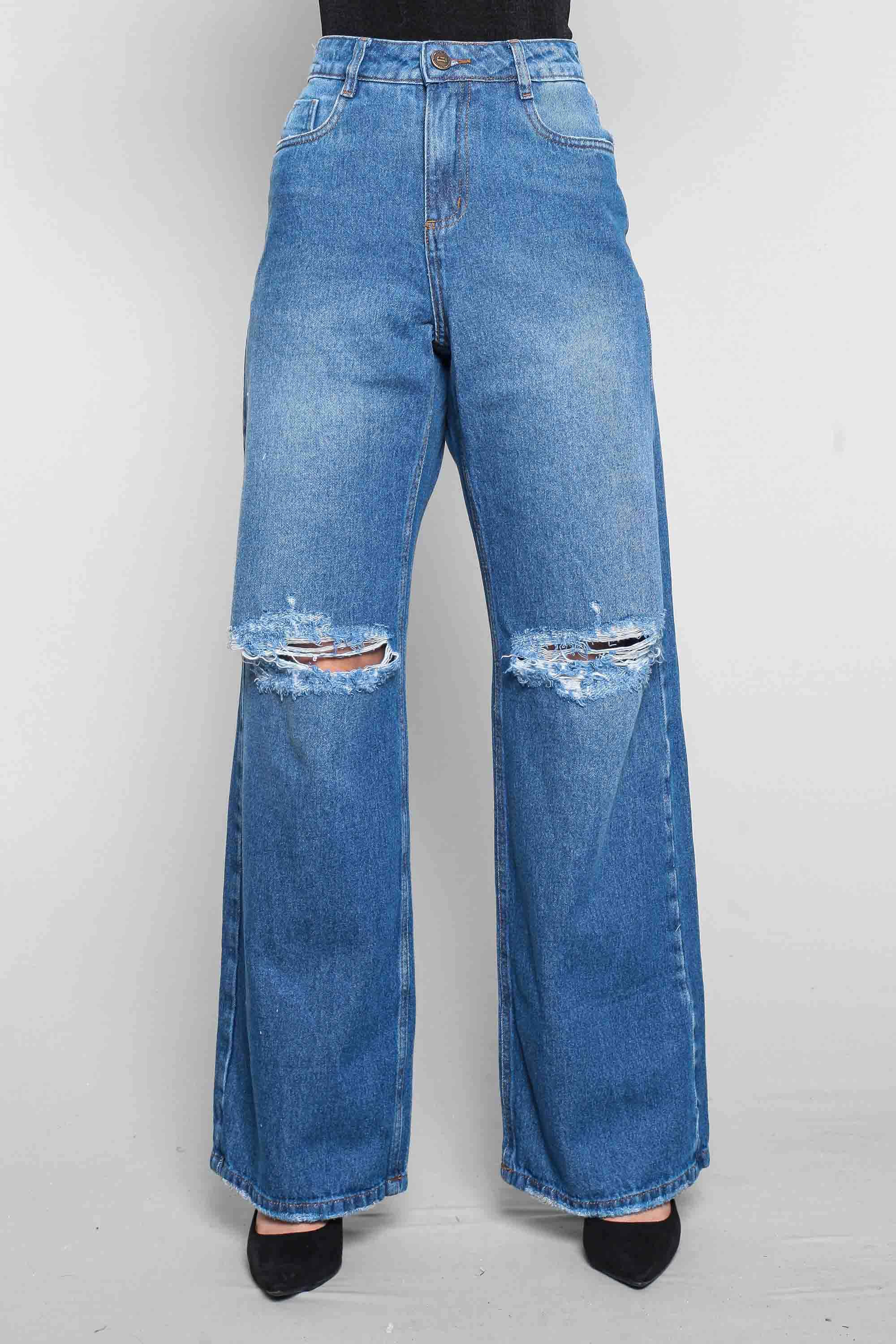Calça Feminina Jeans Wide Leg com Rasgo Joelhos