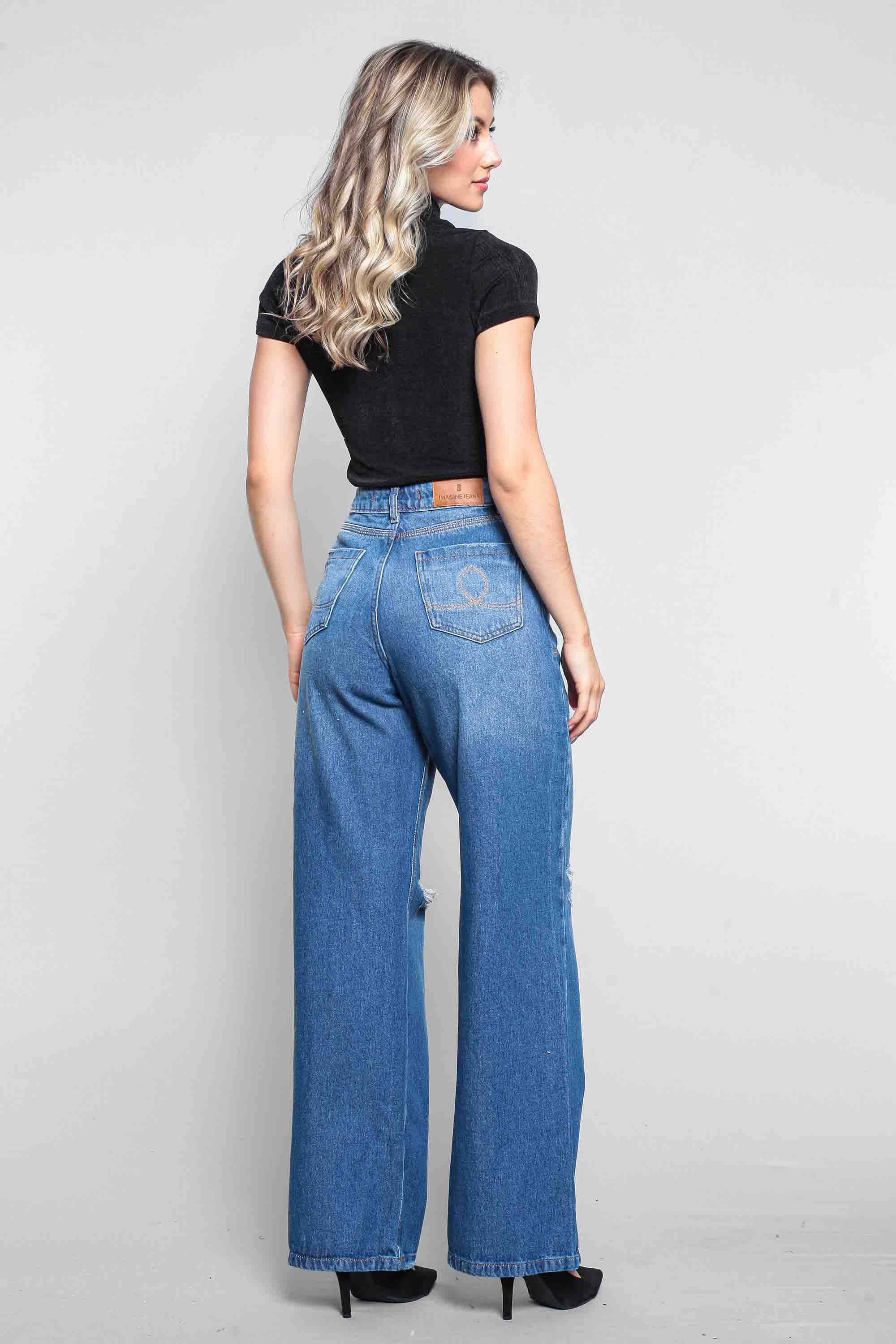 Calça Feminina Jeans Wide Leg com Rasgo Joelhos