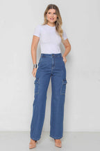 Calça Jeans Feminina Wide Leg Cargo
