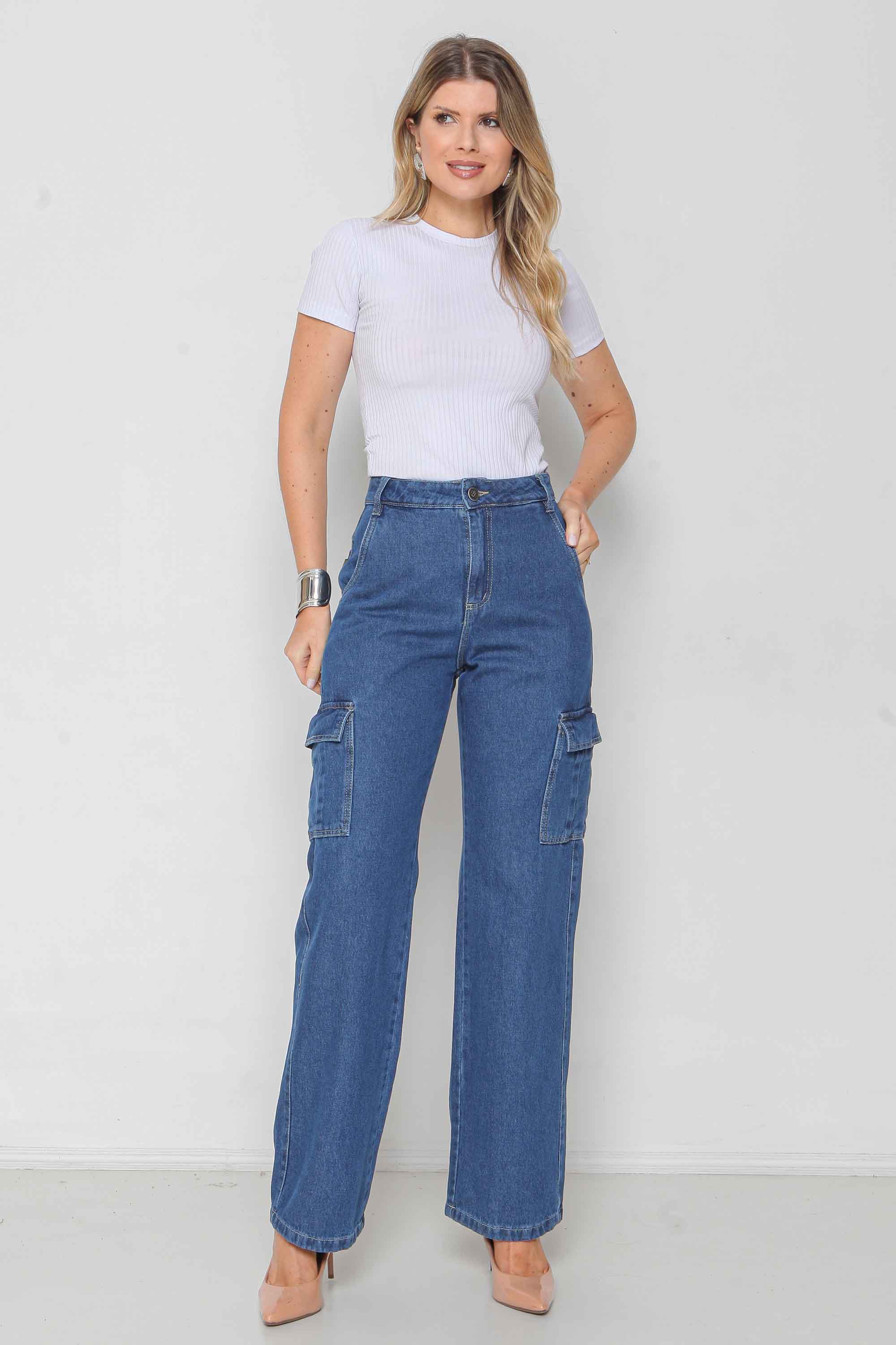 Calça Jeans Feminina Wide Leg Cargo