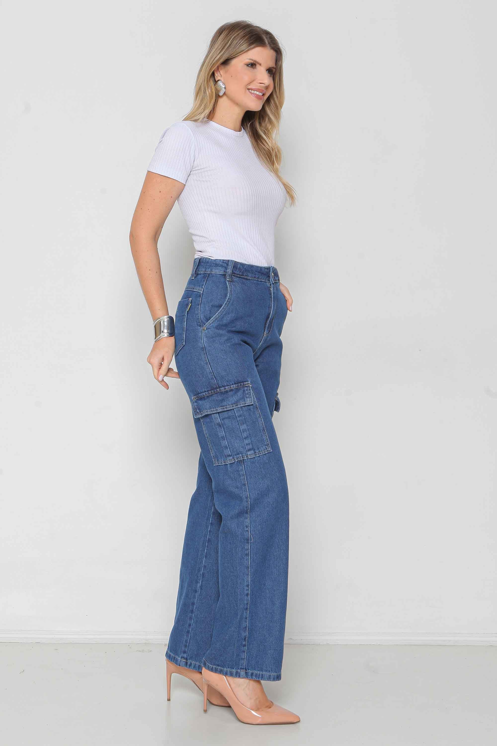 Calça Jeans Feminina Wide Leg Cargo