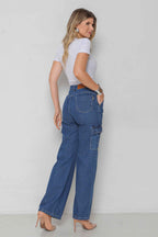 Calça Jeans Feminina Wide Leg Cargo