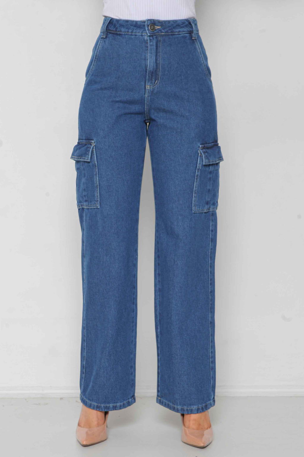 Calça Jeans Feminina Wide Leg Cargo