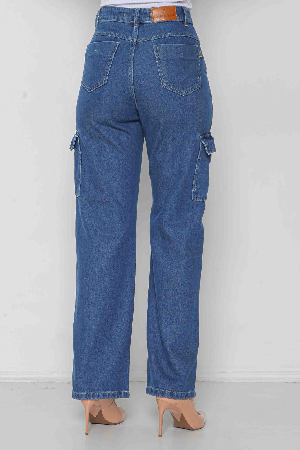 Calça Jeans Feminina Wide Leg Cargo