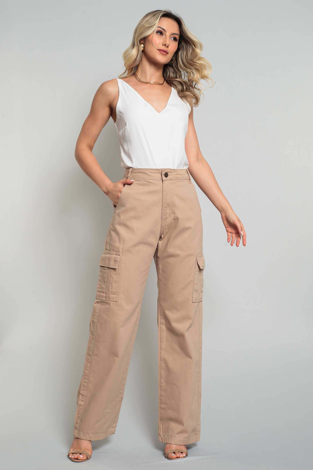 Calça Sarja Feminina Wide Leg Cargo Colorida