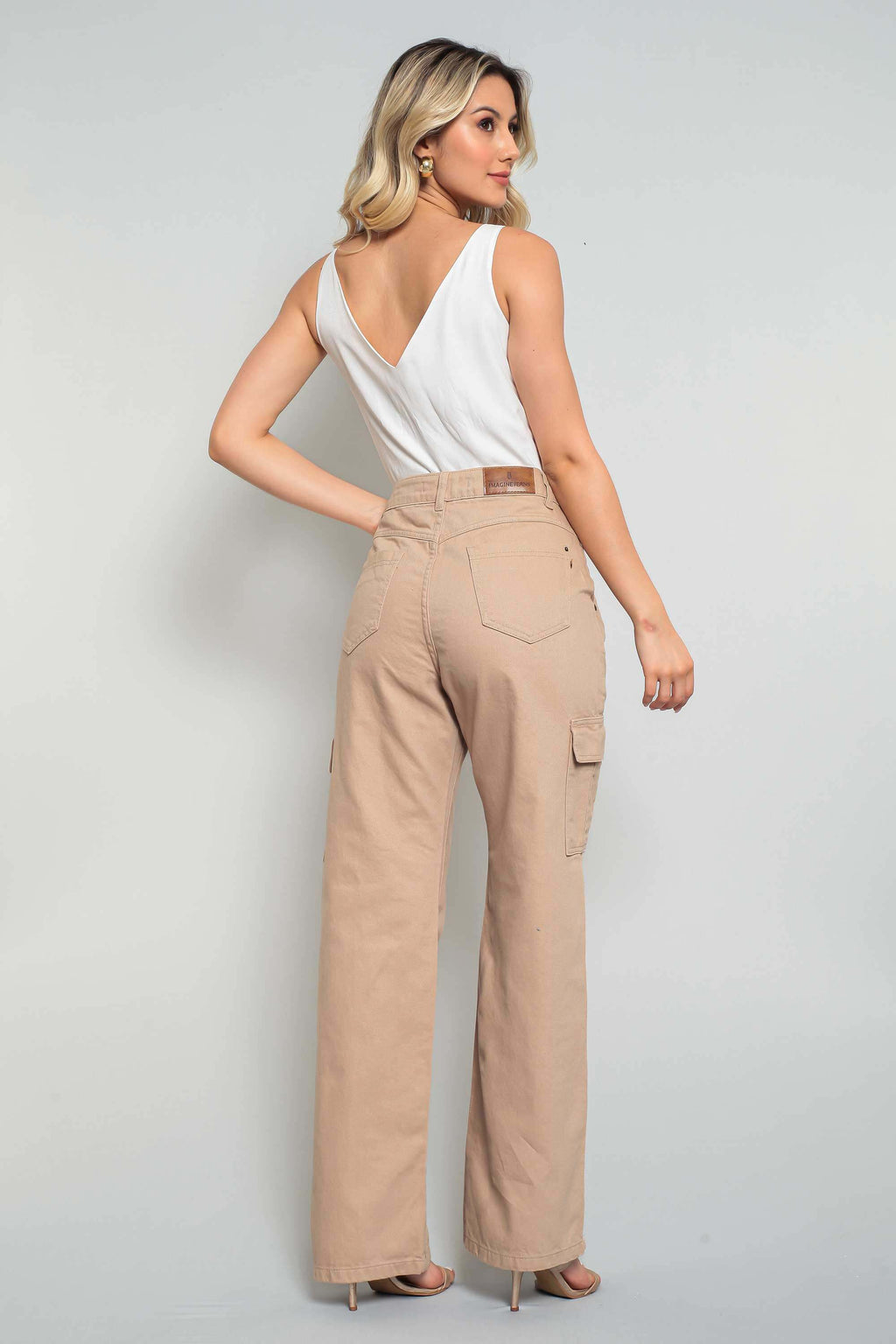 Calça Sarja Feminina Wide Leg Cargo Colorida