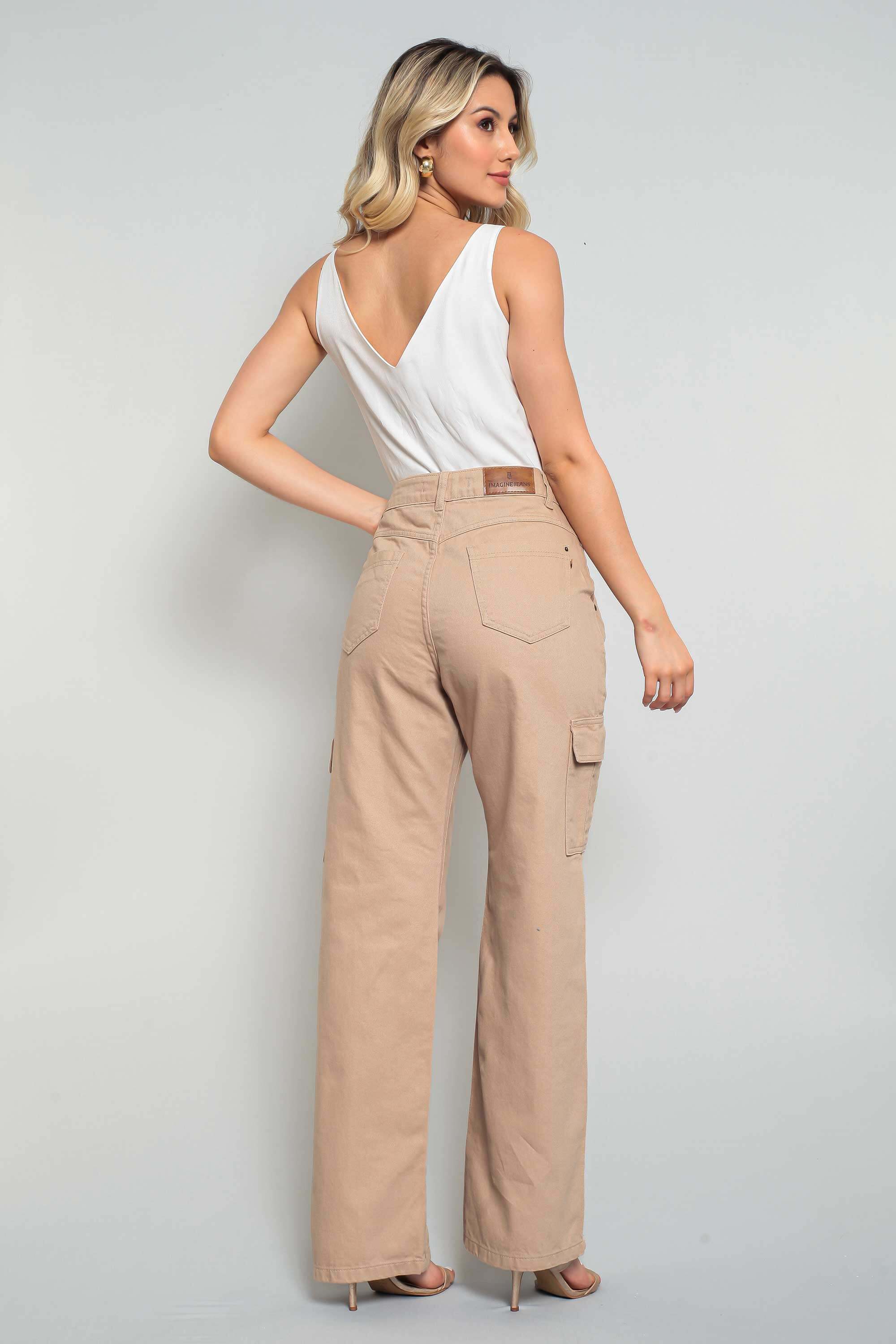 Calça Sarja Feminina Wide Leg Cargo Colorida