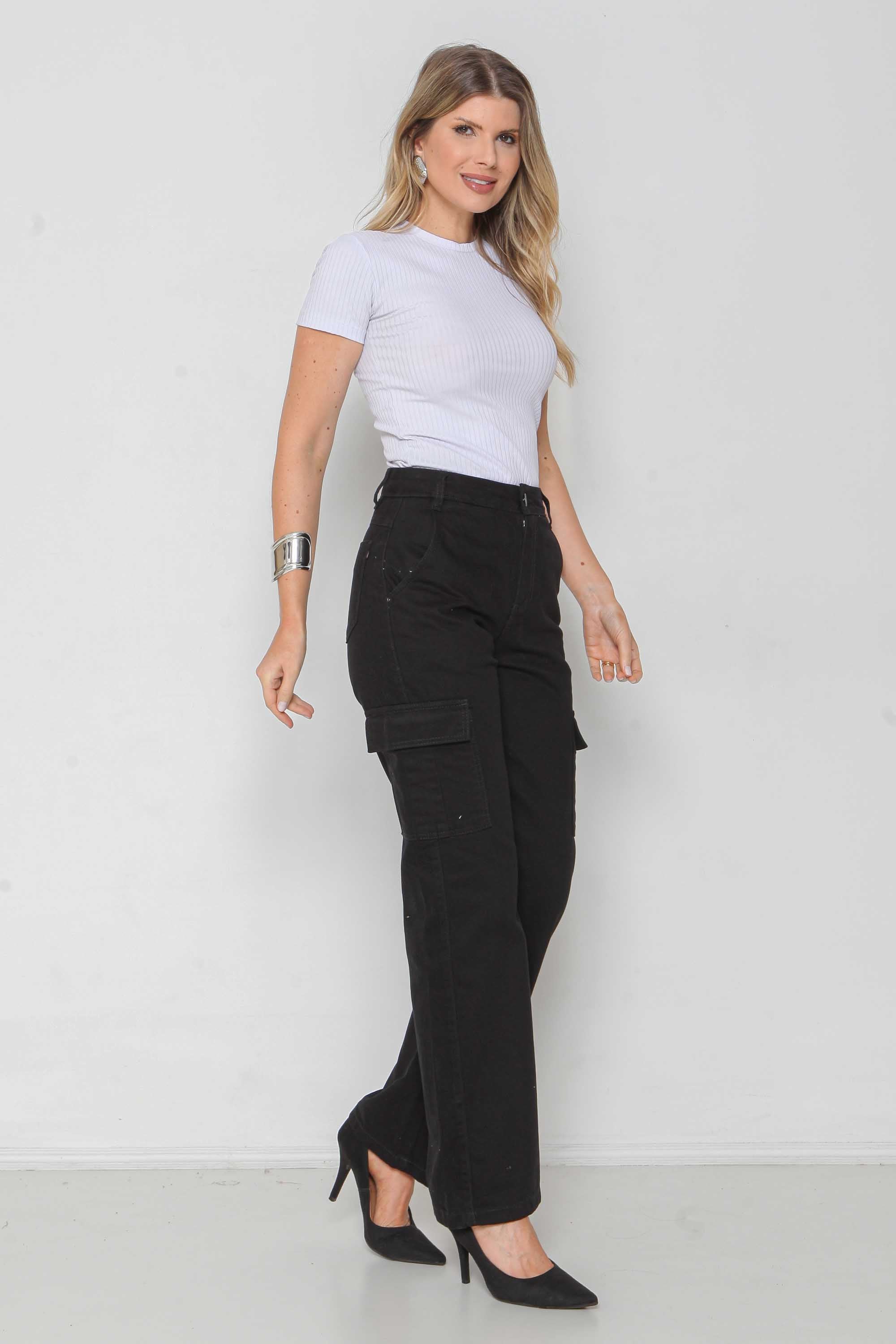 Calça Sarja Feminina Wide Leg Cargo Colorida