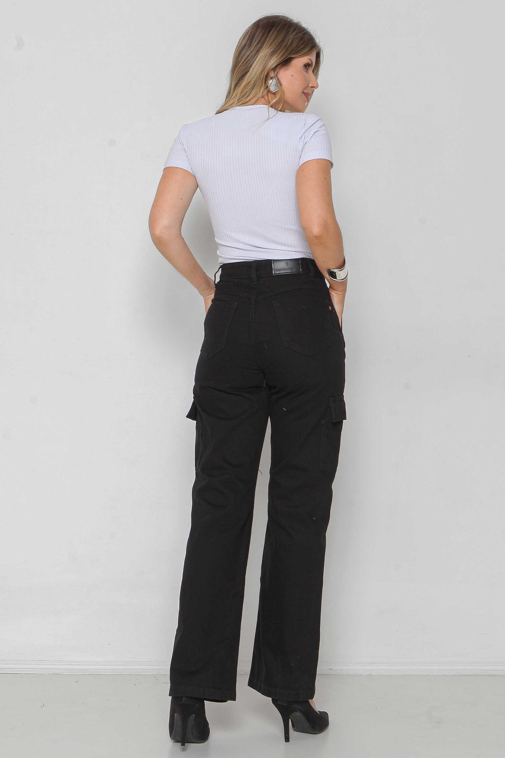 Calça Sarja Feminina Wide Leg Cargo Colorida