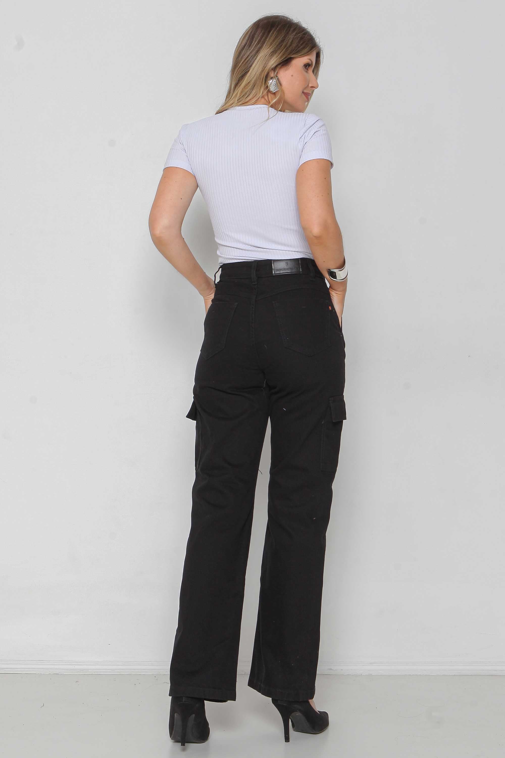 Calça Sarja Feminina Wide Leg Cargo Colorida