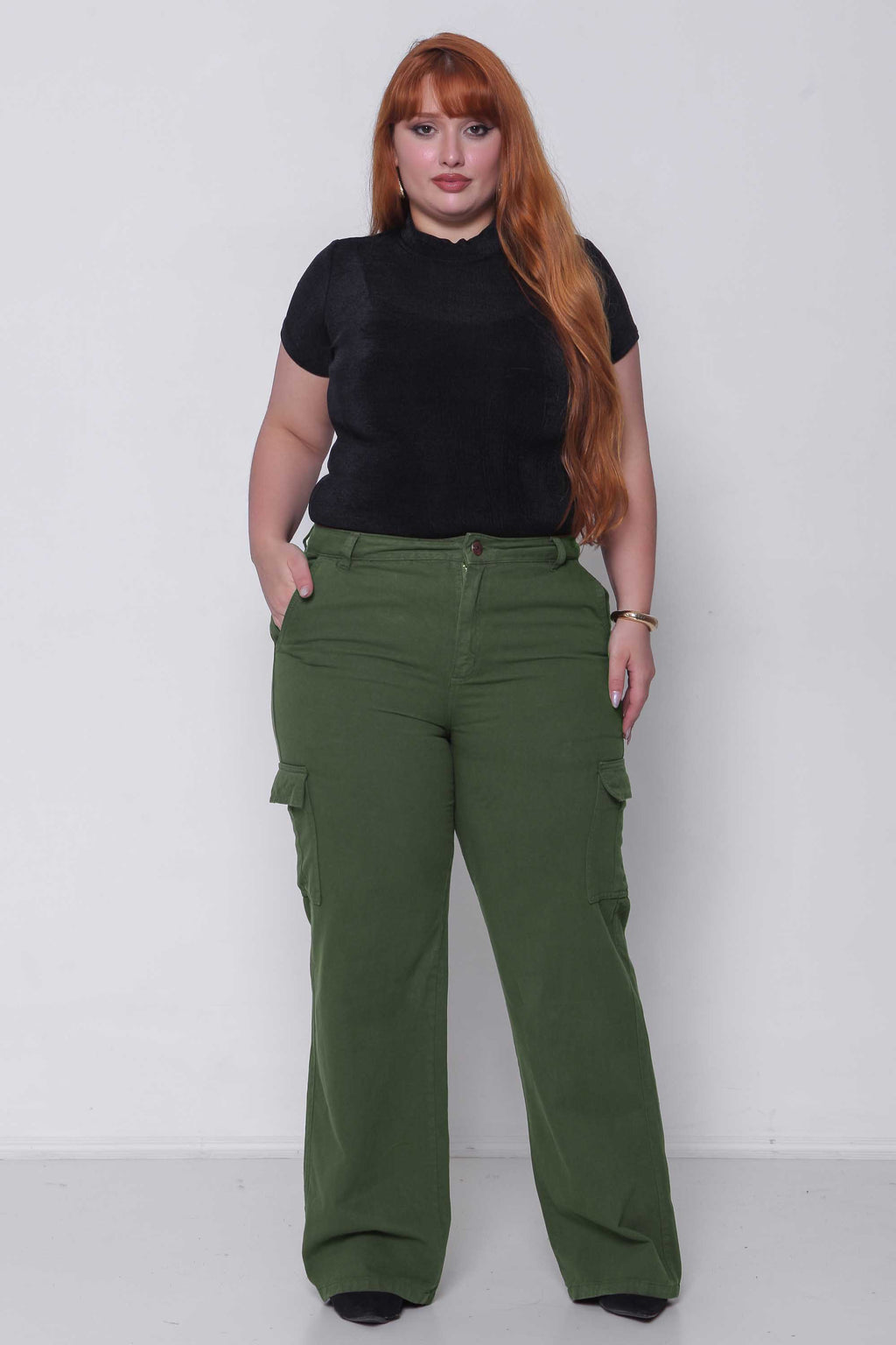 Calça Sarja Feminina Wide Leg Cargo Colorida