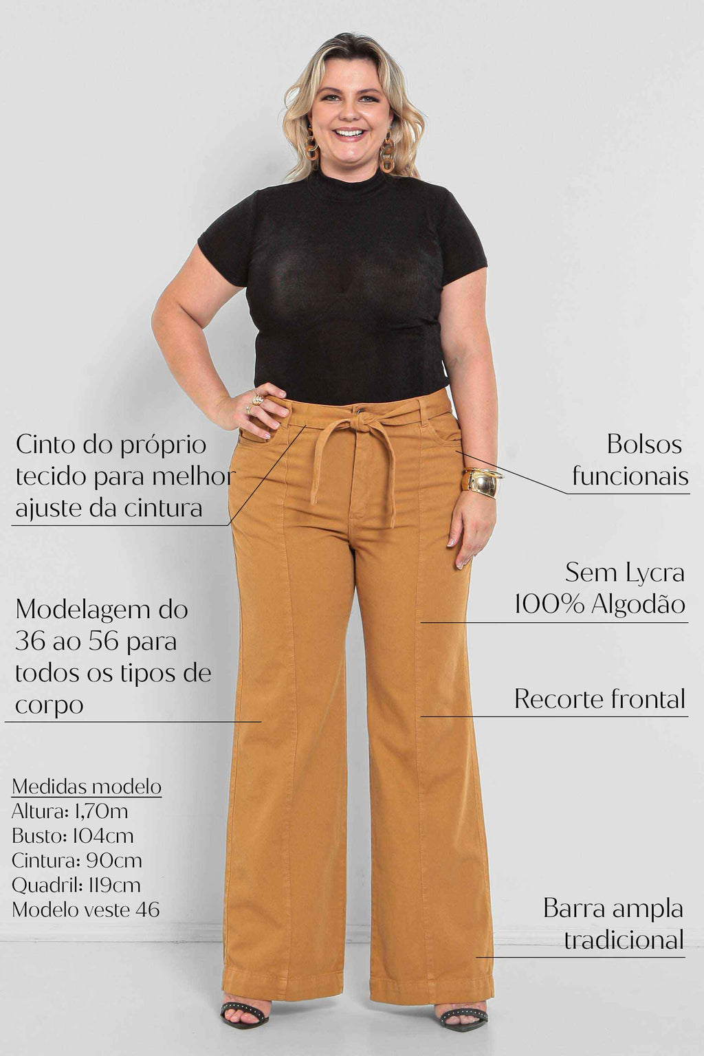 Calça Feminina Sarja Wide Leg com Cinto Cáqui Padrão a Plus Size