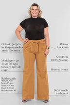 Calça Feminina Sarja Wide Leg com Cinto Cáqui Padrão a Plus Size