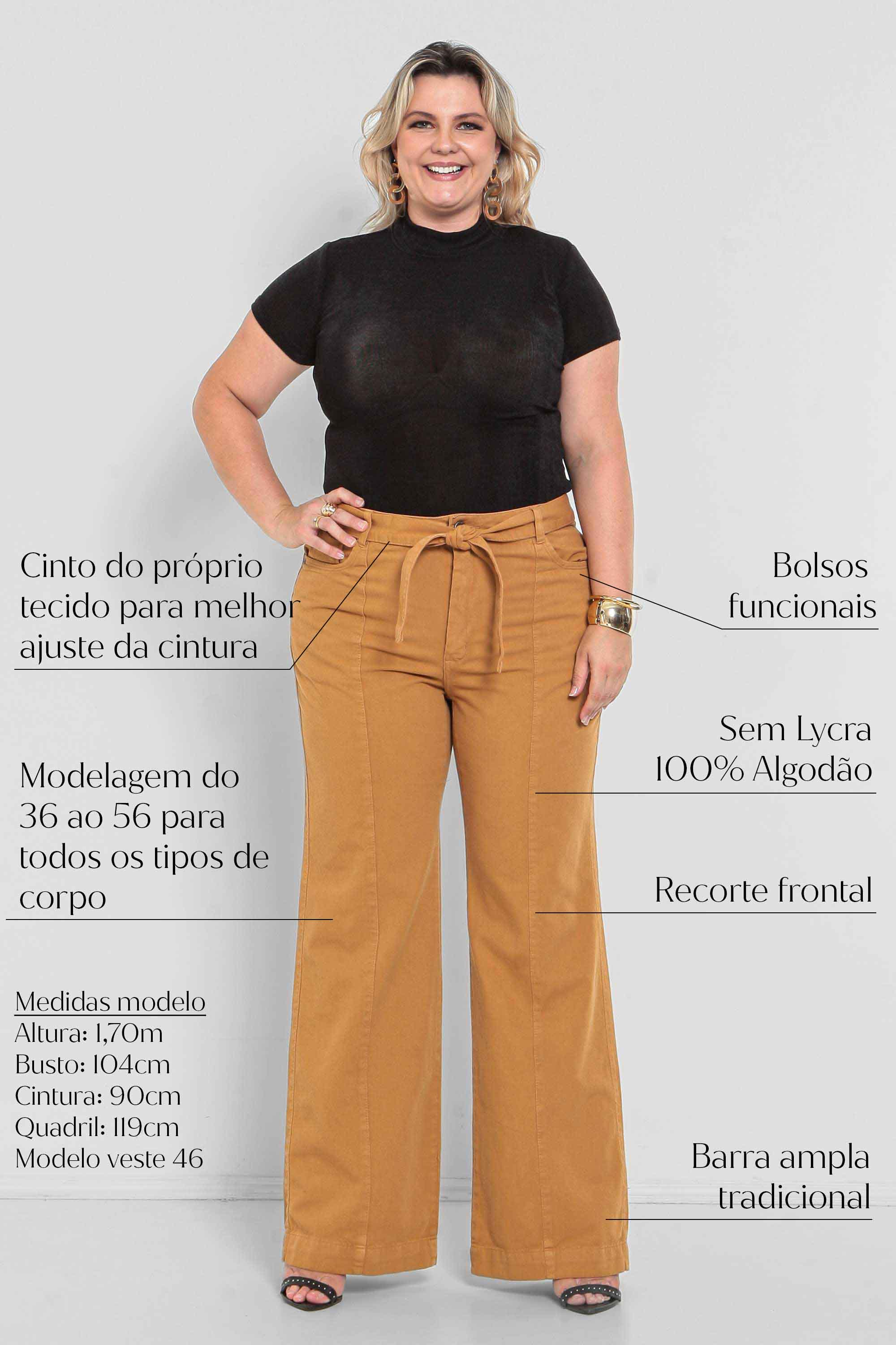 Calça Feminina Sarja Wide Leg com Cinto Cáqui Padrão a Plus Size