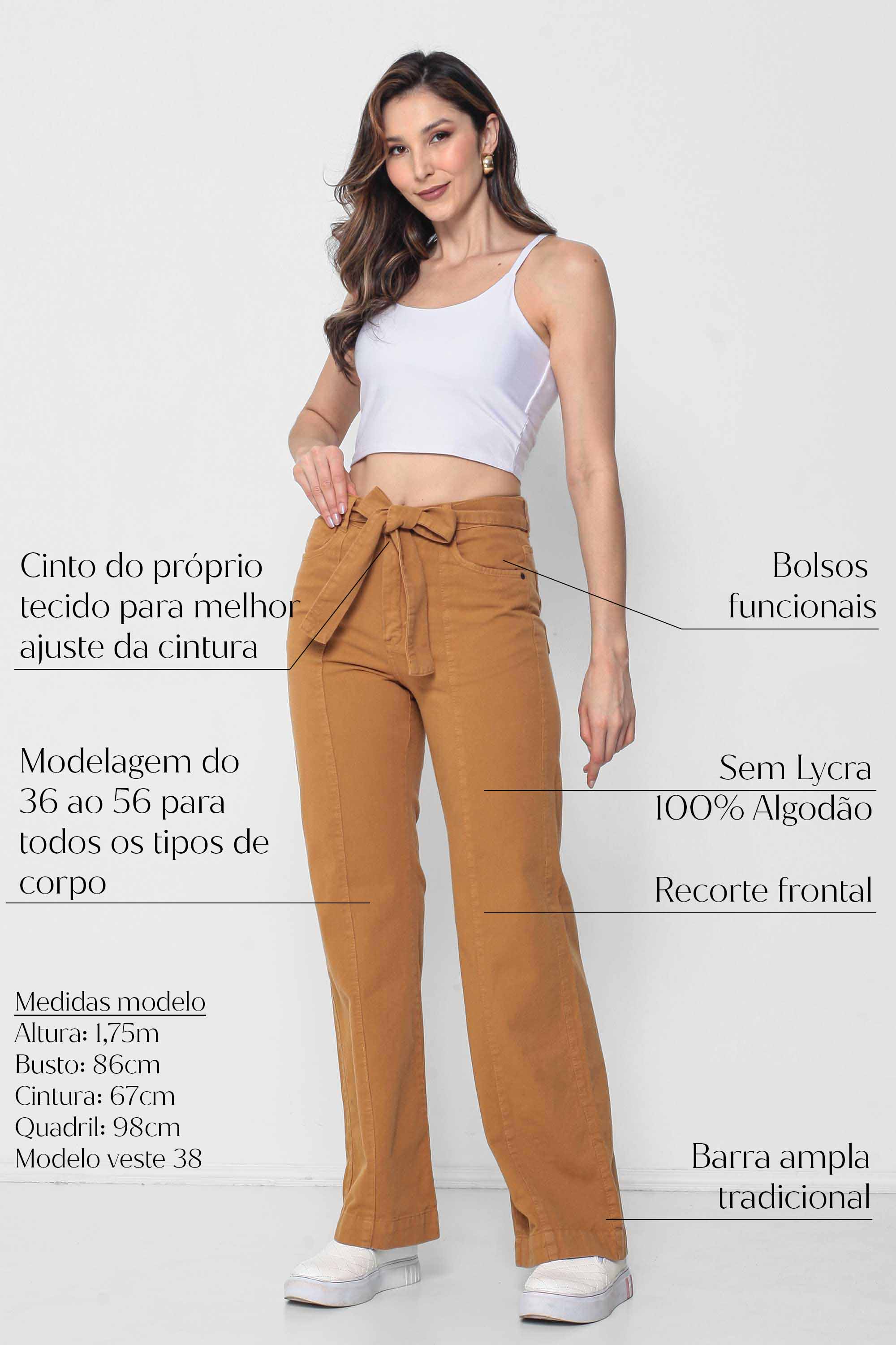 Calça Feminina Sarja Wide Leg com Cinto Cáqui Padrão a Plus Size