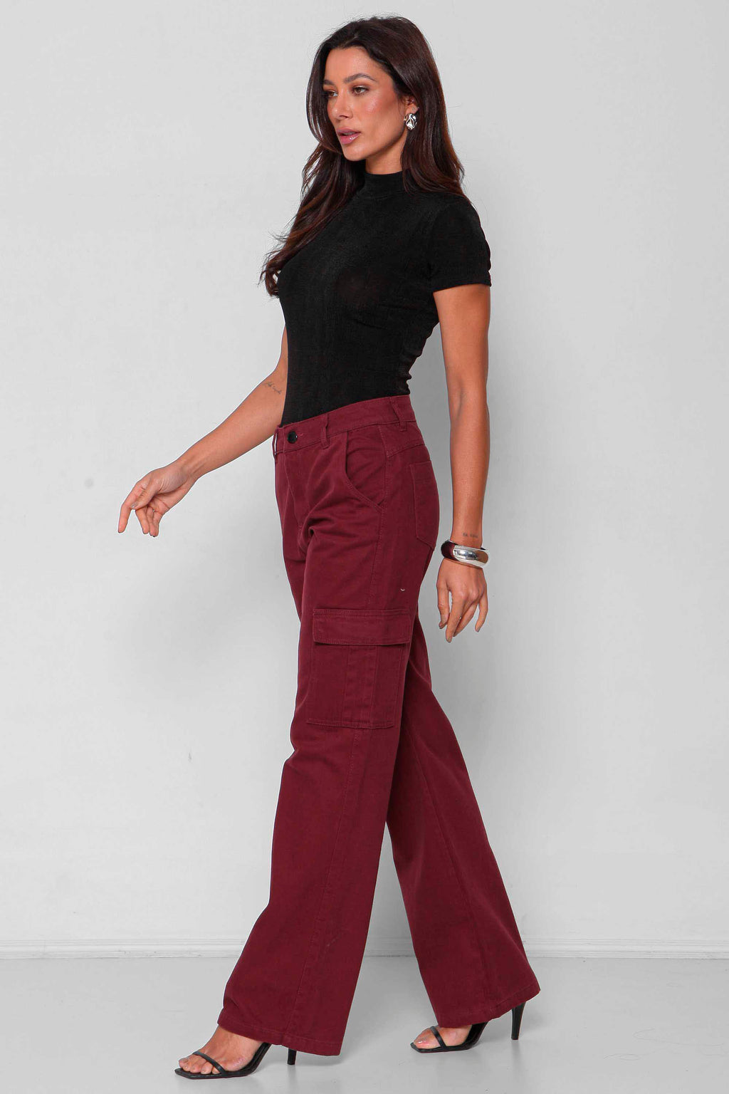 Calça Sarja Feminina Wide Leg Cargo Colorida