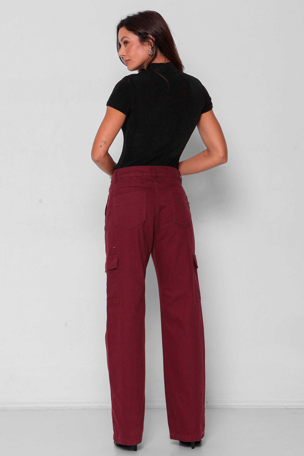 Calça Sarja Feminina Wide Leg Cargo Colorida