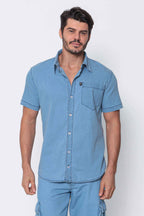 Camisa Masculina Jeans Leve Clara Bolso Frontal Com Elastano