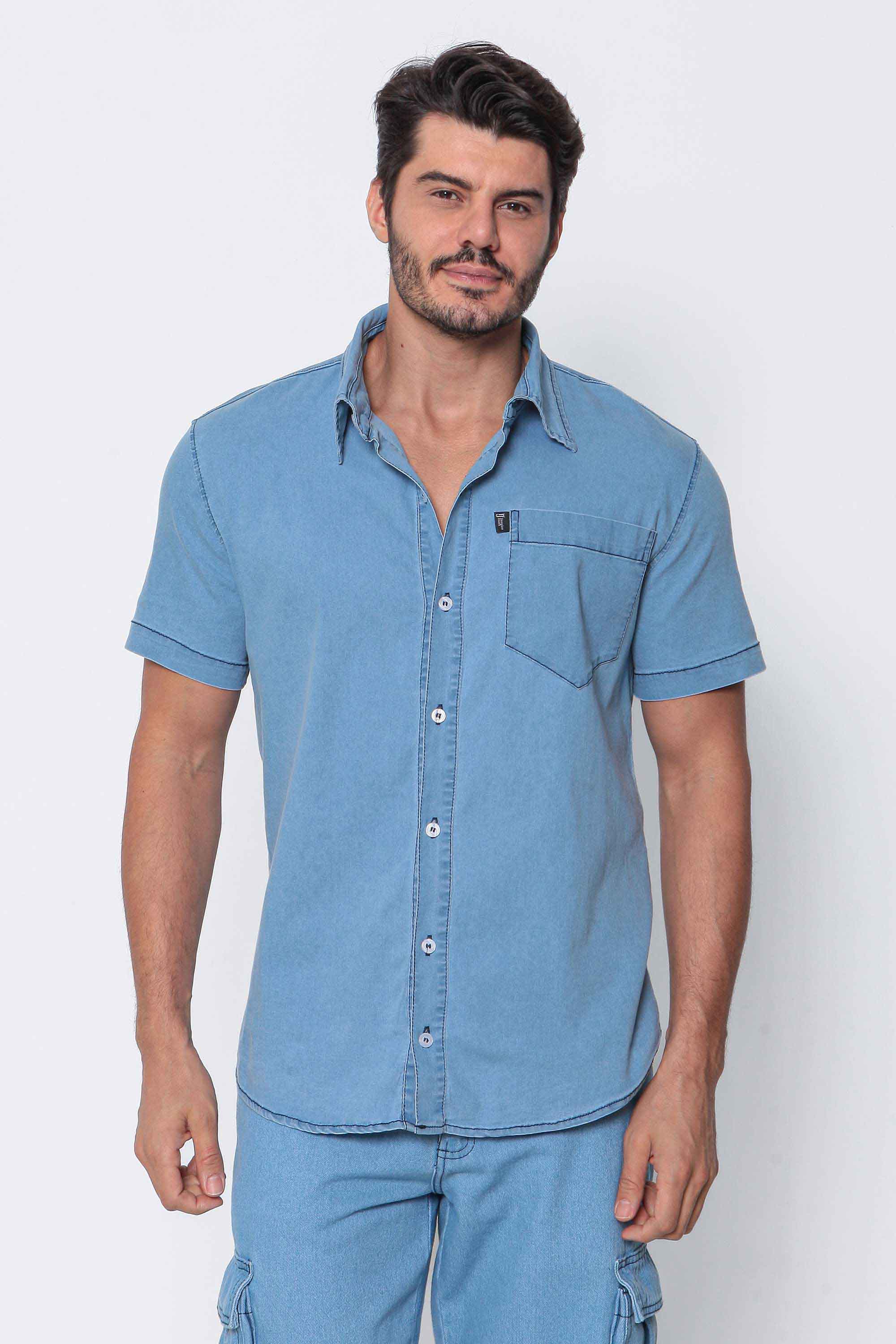 Camisa Masculina Jeans Leve Clara Bolso Frontal Com Elastano