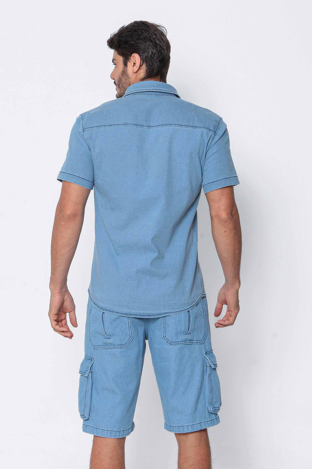 Camisa Masculina Jeans Leve Clara Bolso Frontal Com Elastano