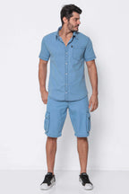 Camisa Masculina Jeans Leve Clara Bolso Frontal Com Elastano