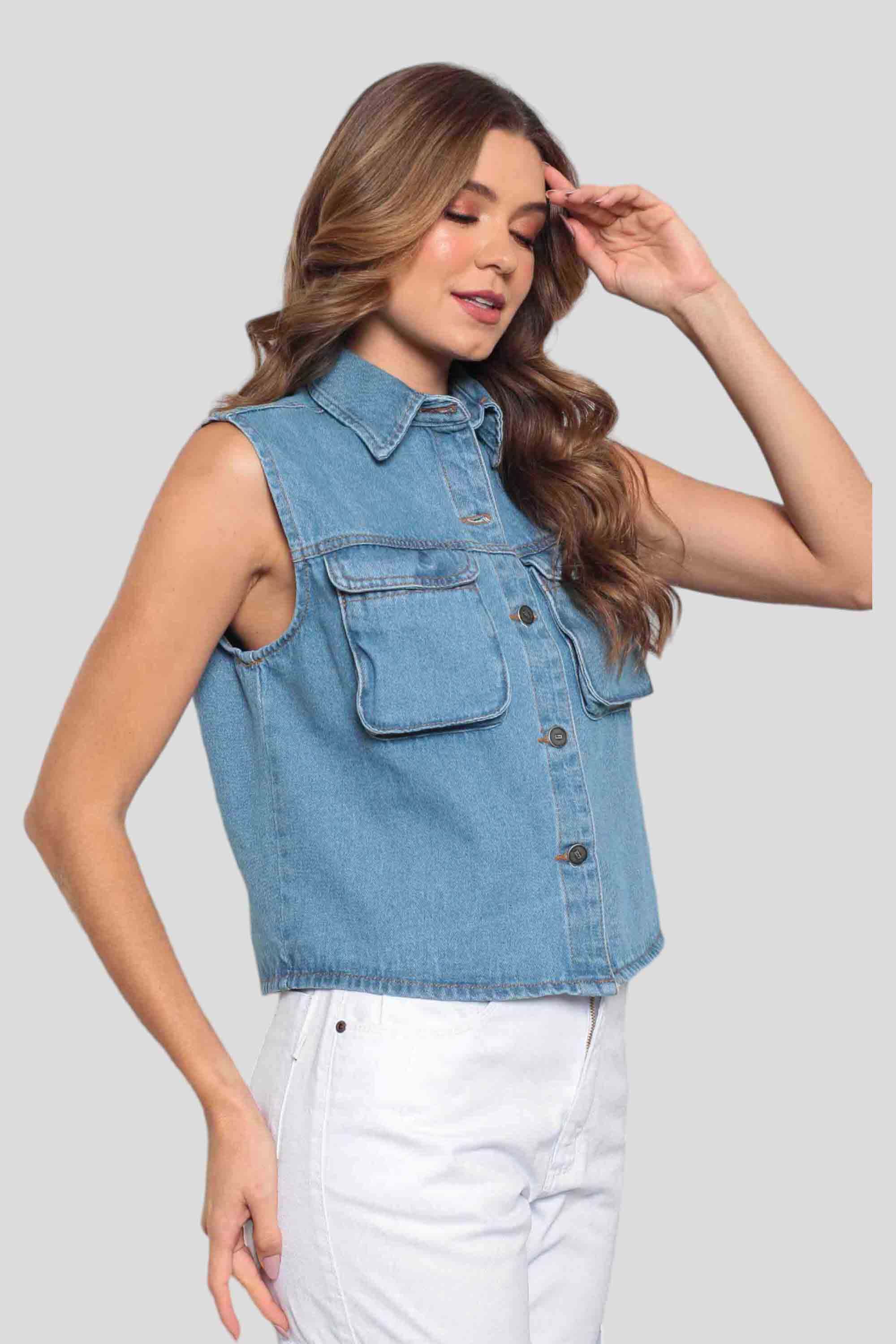 Colete Jeans Feminino Cargo
