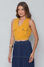 Colete Feminino Sarja Cropped Caramelo com Elástico Padrão a Plus sem Elastano