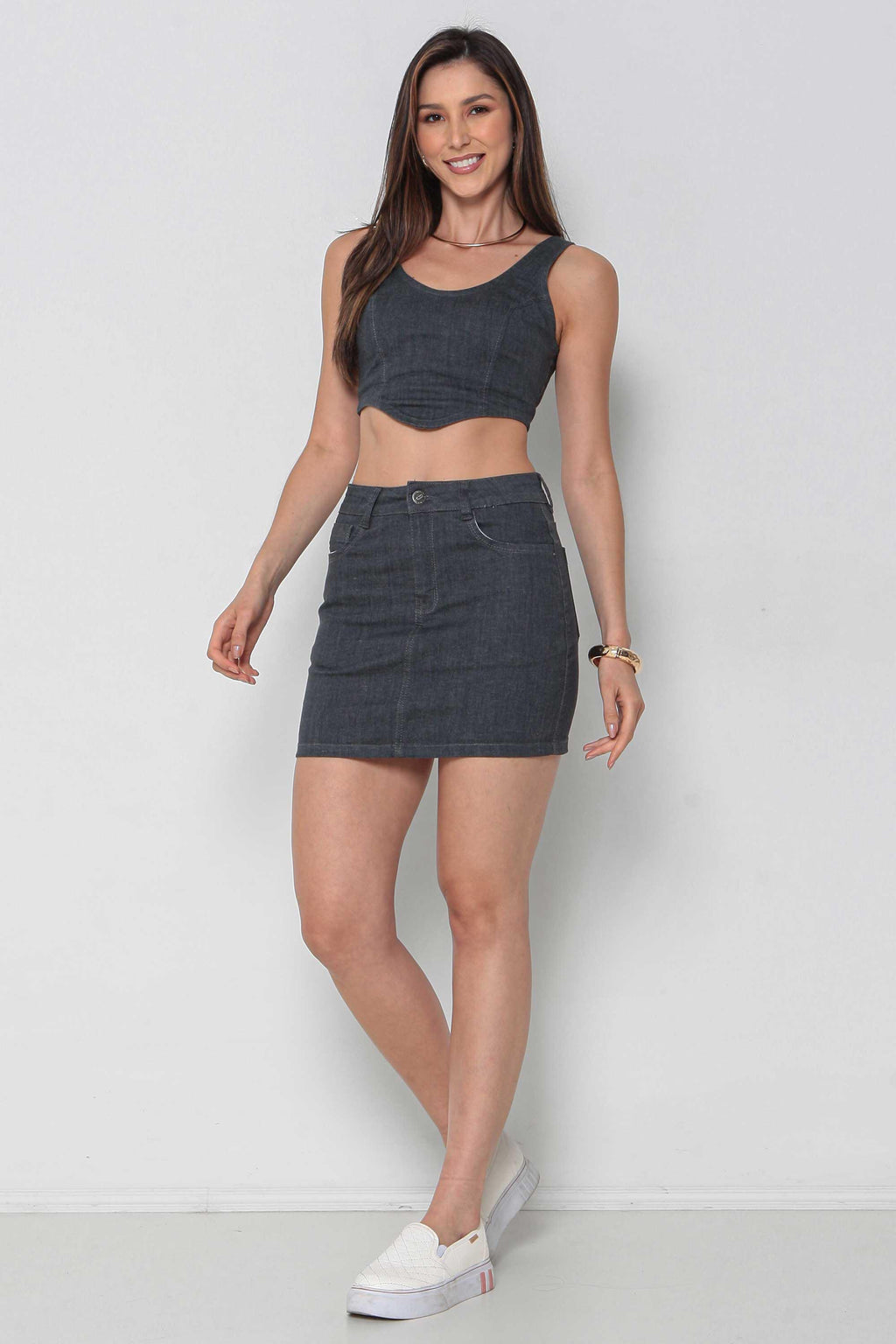 Conjunto Top com Mini Saia Feminino Jeans Cinza com Elastano