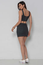 Conjunto Top com Mini Saia Feminino Jeans Cinza com Elastano