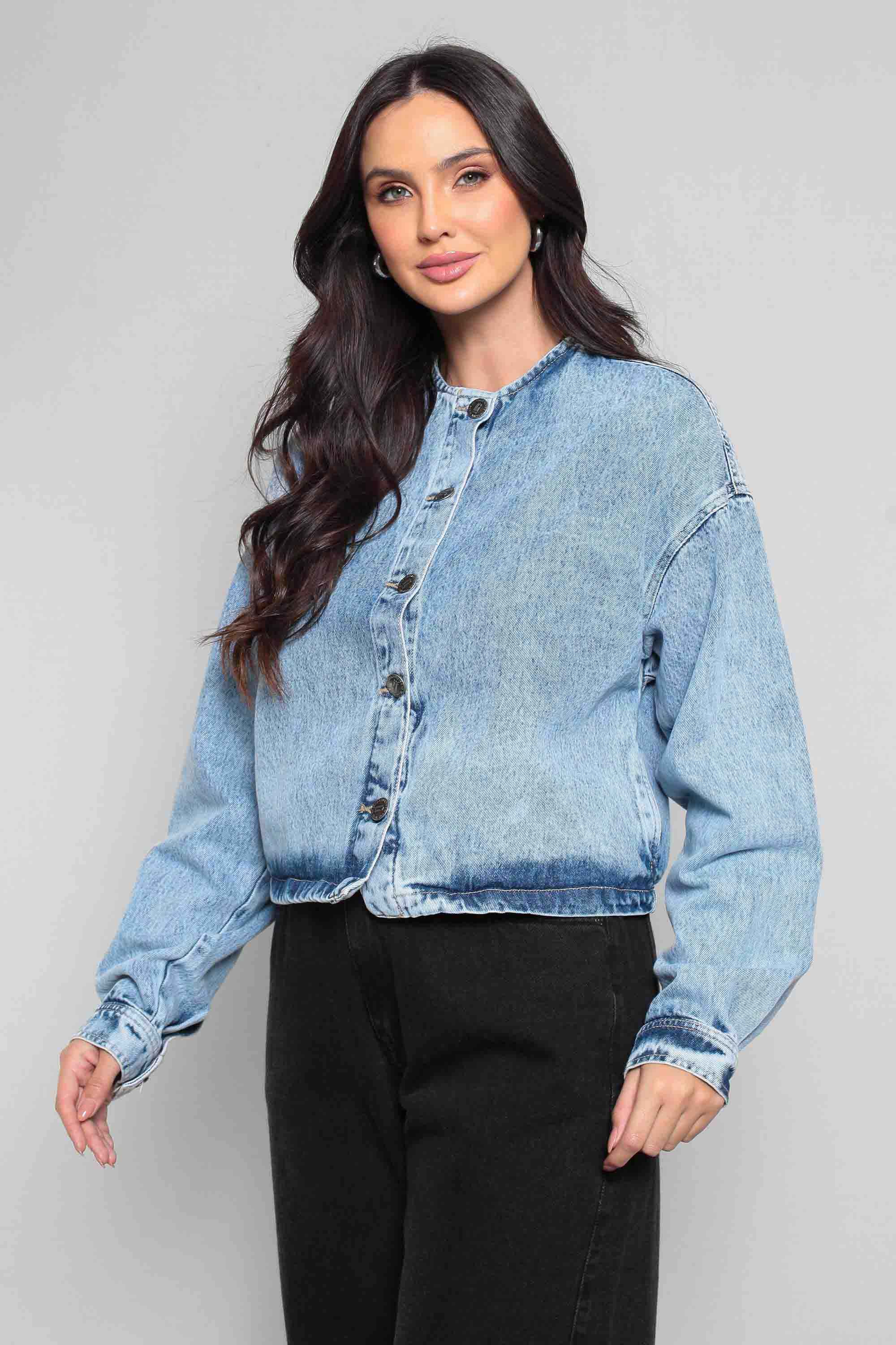 Jaqueta Jeans Feminina Bomber com Gola Careca