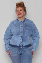 Jaqueta Jeans Feminina Bomber com Gola Careca