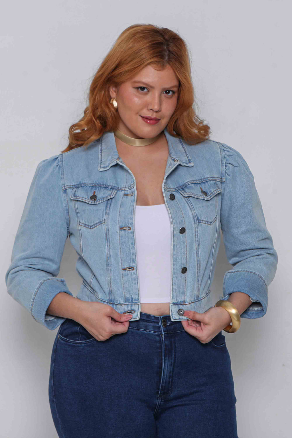 Jaqueta Feminina Jeans Cropped com Manga Princesa