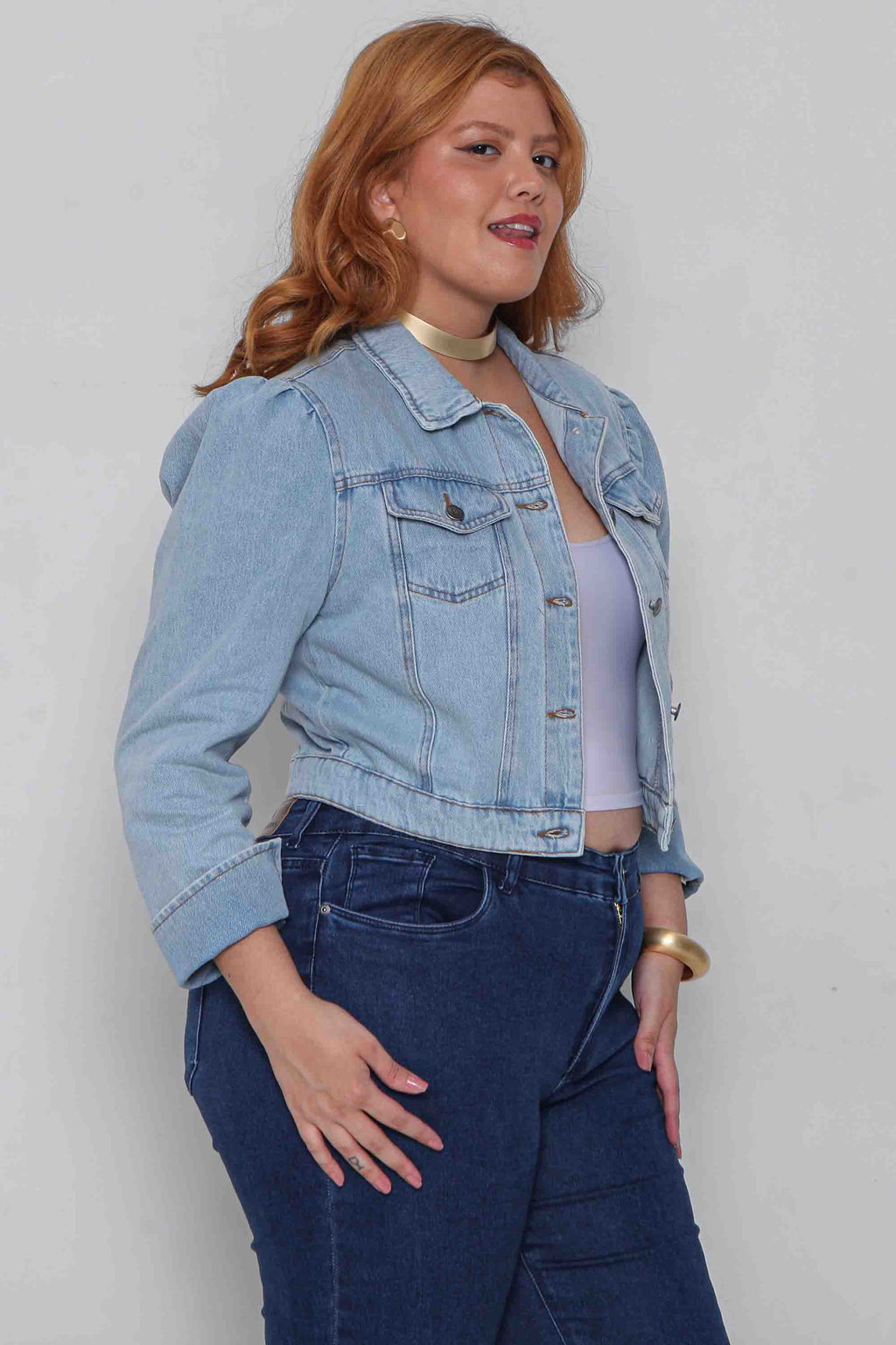 Jaqueta Feminina Jeans Cropped com Manga Princesa