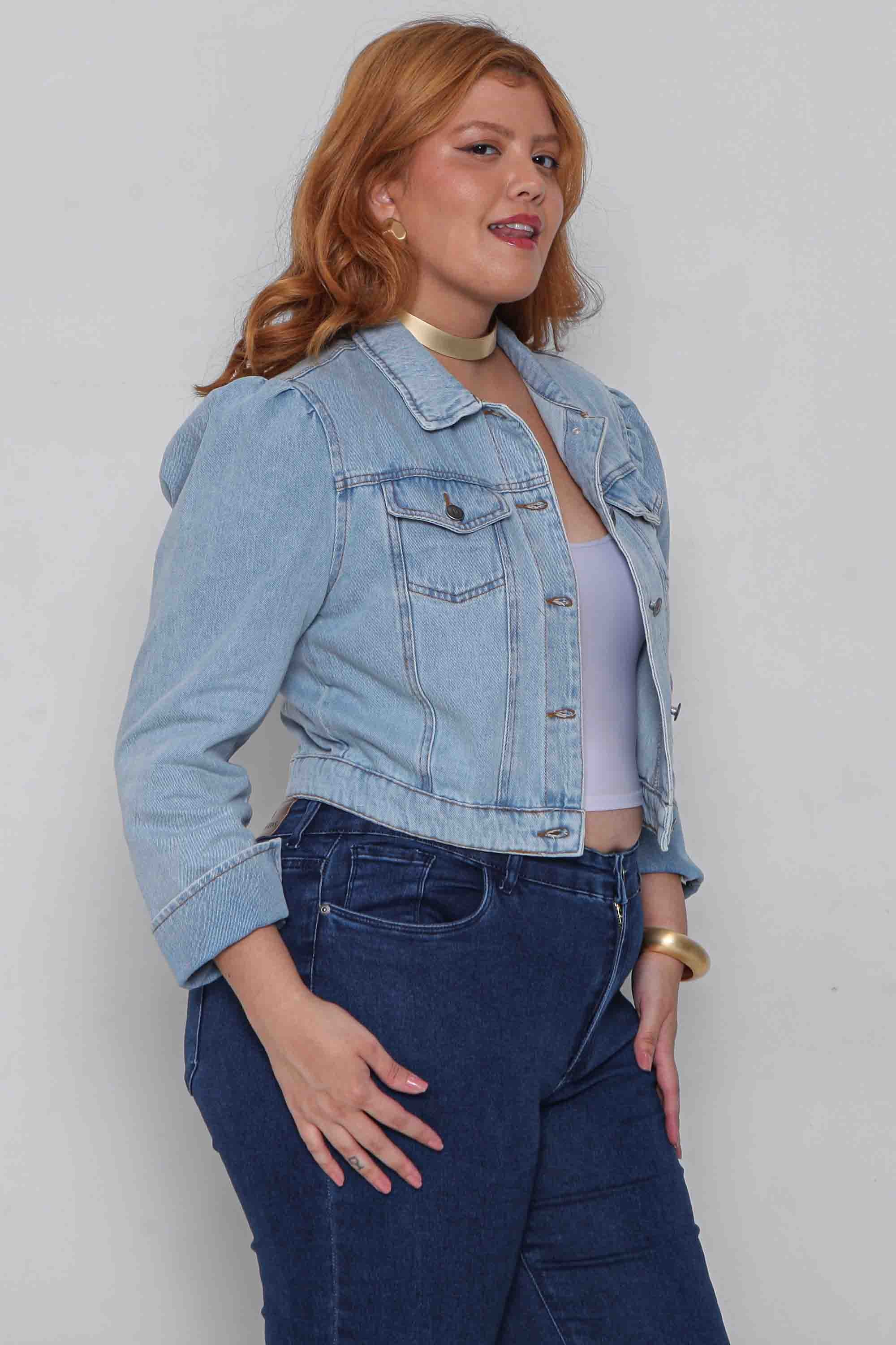 Jaqueta Feminina Jeans Cropped com Manga Princesa