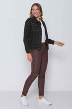 Jaqueta Sarja Feminina Regular Preta costura Caramelo sem Elastano