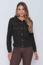 Jaqueta Sarja Feminina Regular Preta costura Caramelo sem Elastano