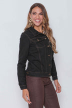 Jaqueta Sarja Feminina Regular Preta costura Caramelo sem Elastano