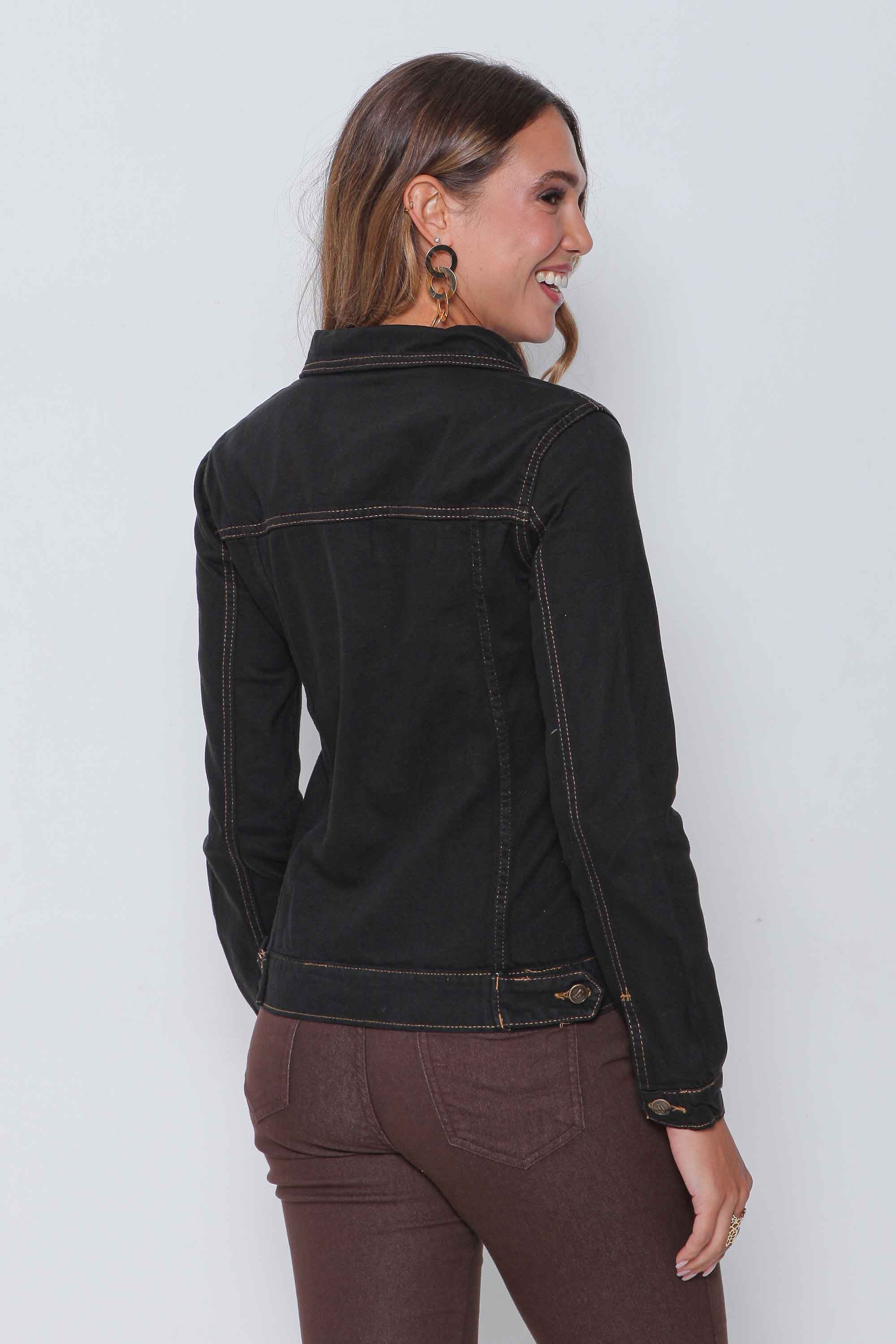 Jaqueta Sarja Feminina Regular Preta costura Caramelo sem Elastano