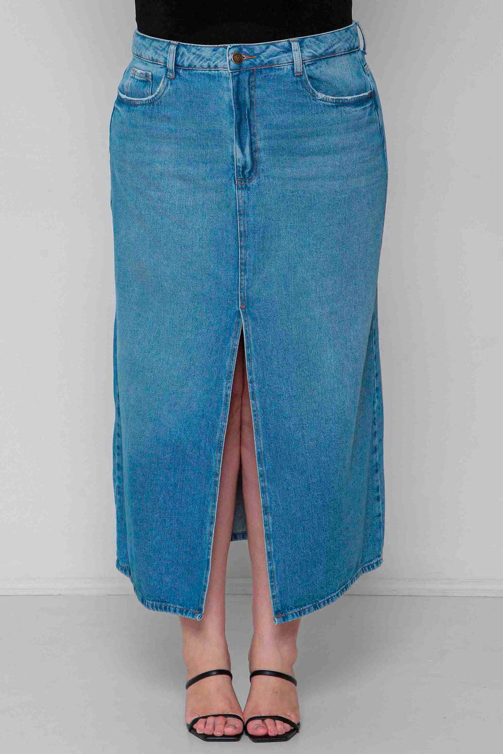 Saia Jeans Midi Fenda Frontal Padrão a Plus sem Elastano