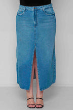 Saia Jeans Midi Fenda Frontal Padrão a Plus sem Elastano