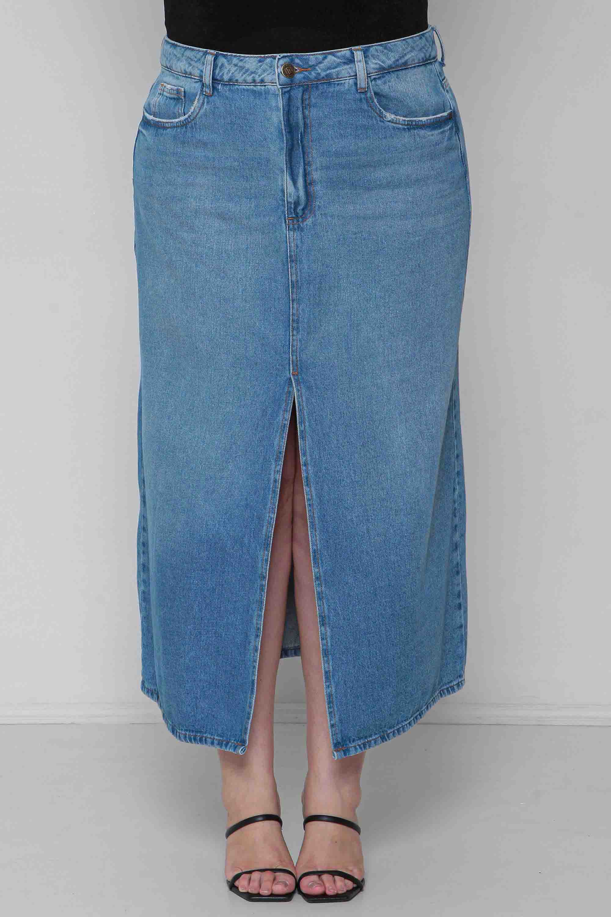 Saia Jeans Midi Fenda Frontal Padrão a Plus sem Elastano