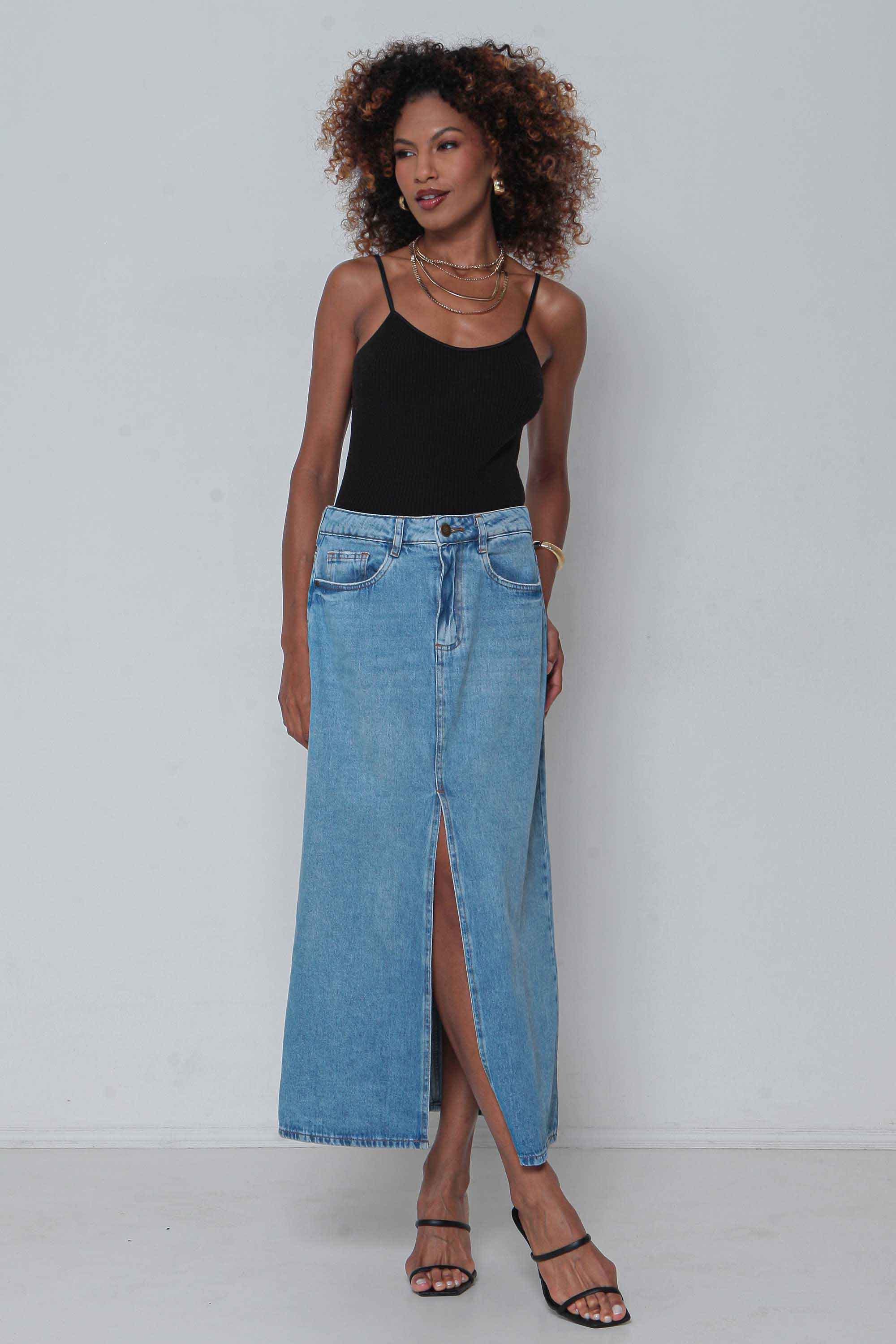 Saia Jeans Midi Fenda Frontal Padrão a Plus sem Elastano