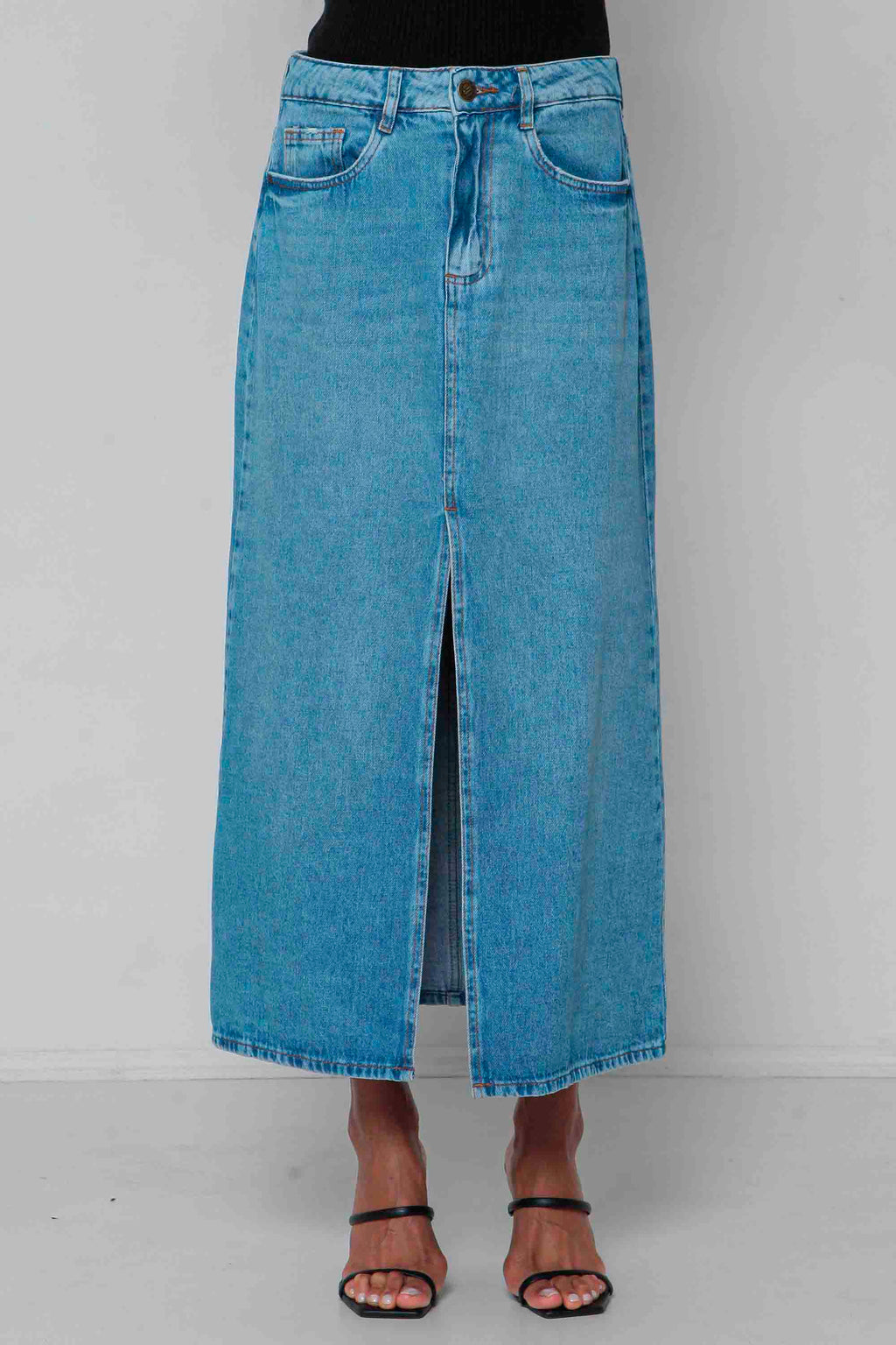 Saia Jeans Midi Fenda Frontal Padrão a Plus sem Elastano