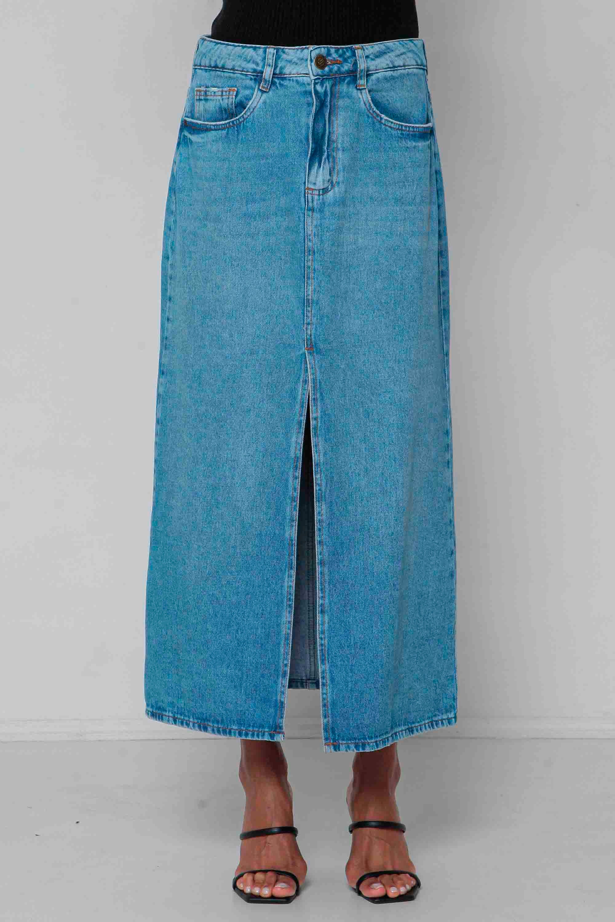 Saia Jeans Midi Fenda Frontal Padrão a Plus sem Elastano